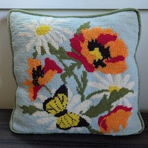 Floral Needlepoint Pillow with Butterfly Design Boxed Throw Pillow Vintage